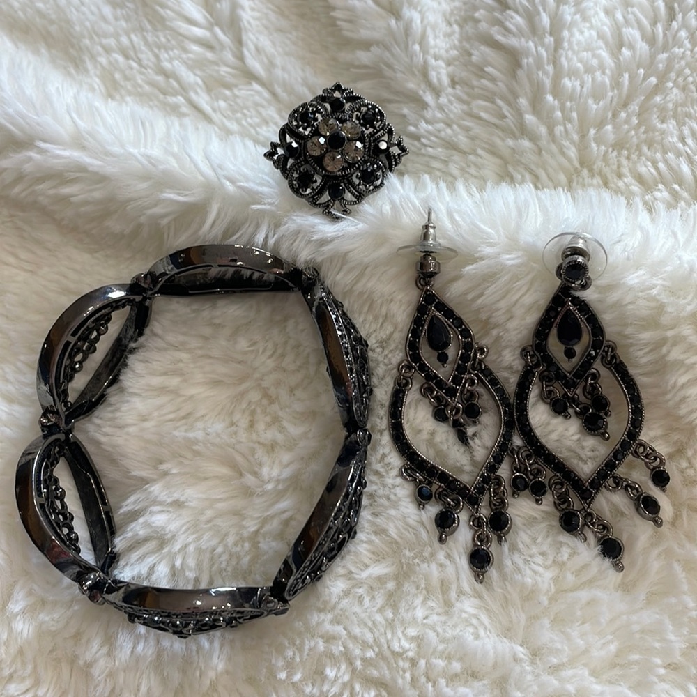 Jewelry set black and dark gray bracelet, ring, and earrings